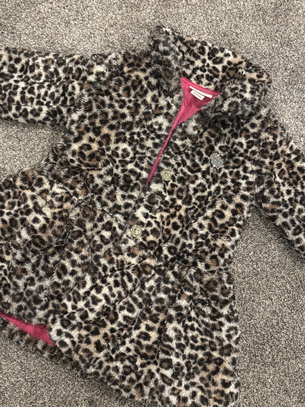 Juicy Couture Girls Leopard Faux Fur Coat with Pink Lining